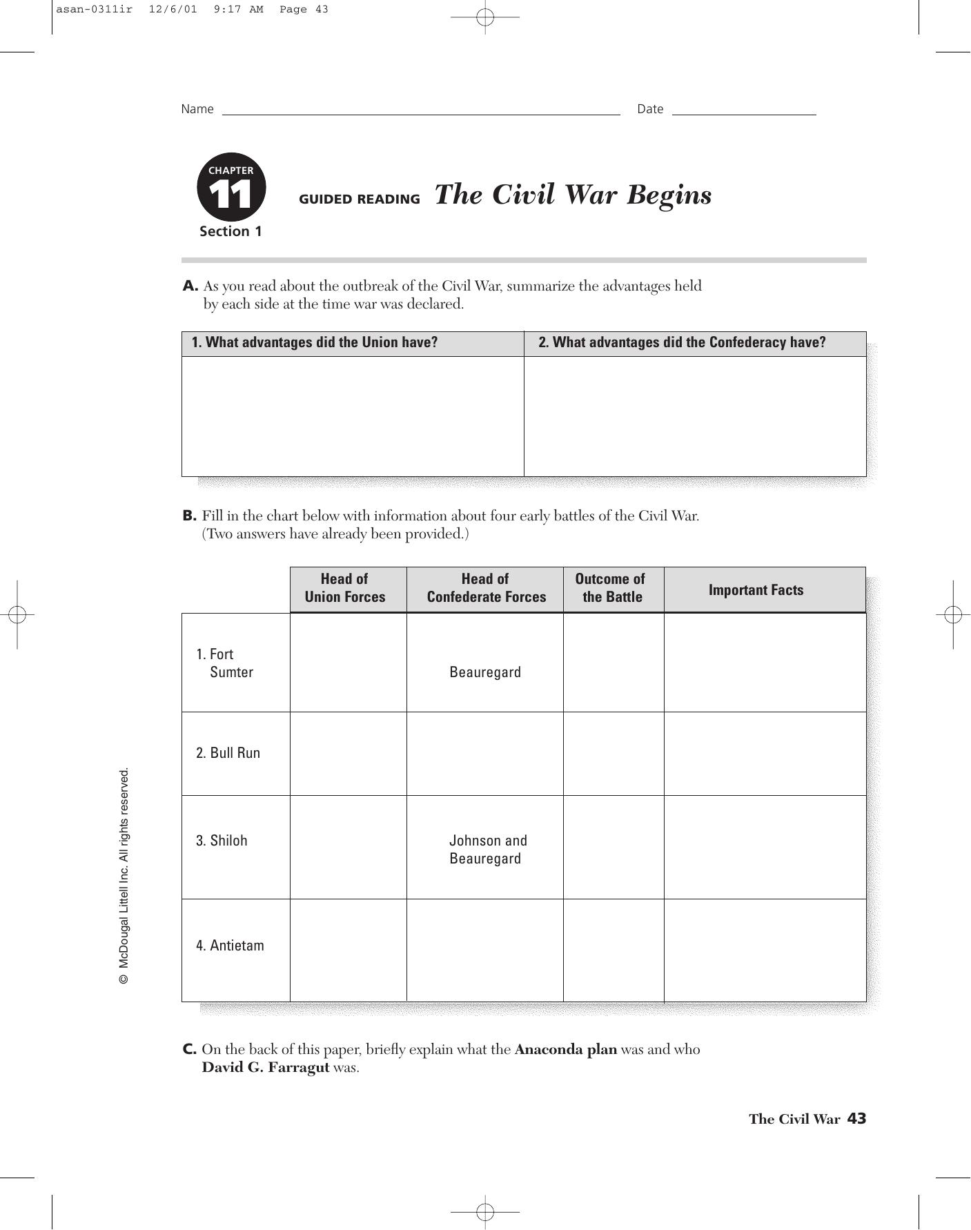 Chapter 11 Guided Reading The Civil R Begins