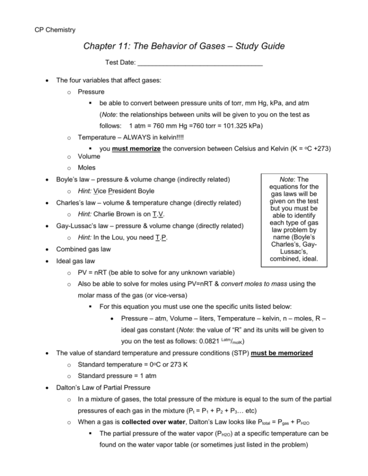 Chapter 11 The Behavior Of Gases – Study Guide
