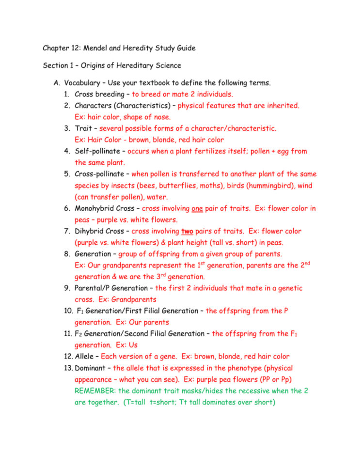 Chapter 12 Mendel And Heredity Study Guide Section 1