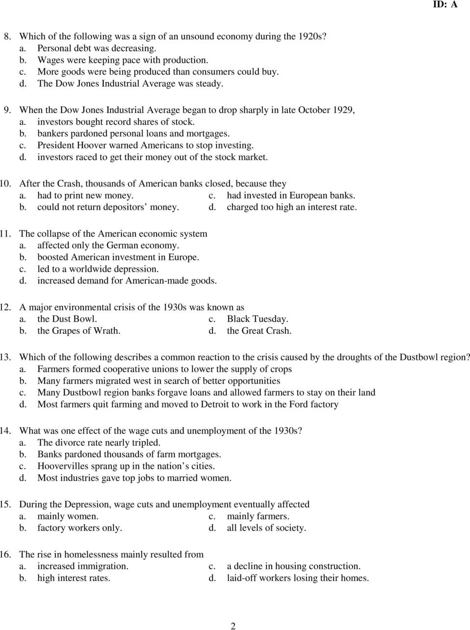 Chapter 12 Quiz The Great Depression  Pdf