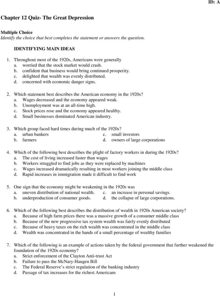 Chapter 12 Quiz The Great Depression  Pdf