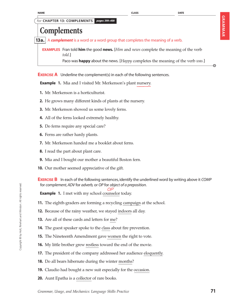 English 1 Complements Worksheet