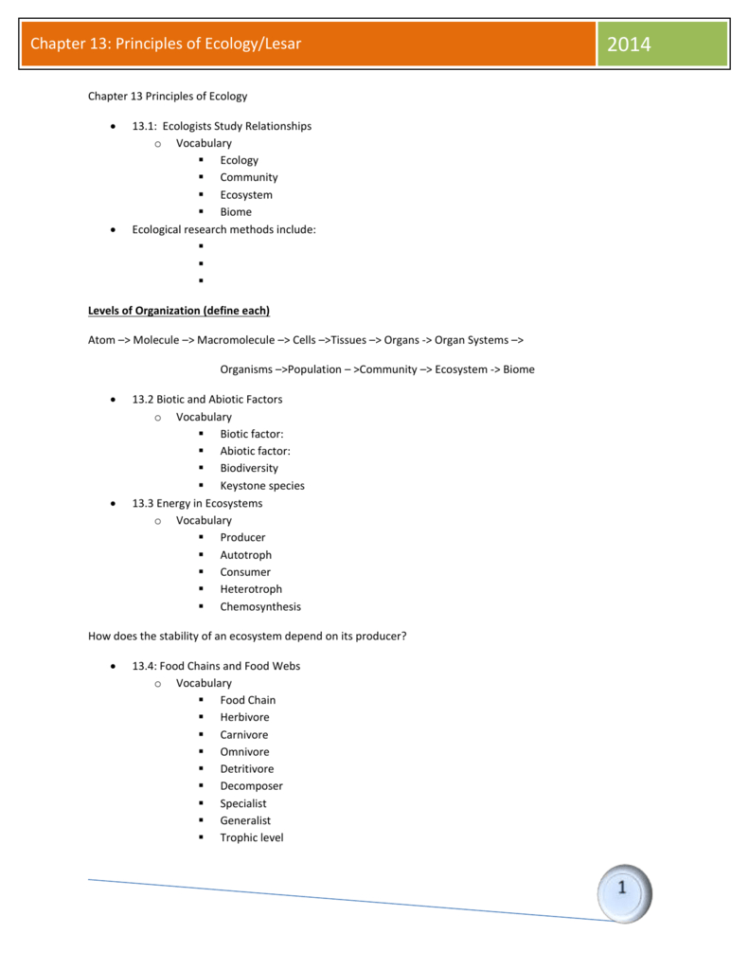 Chapter 13 Principles Of Ecologylesar