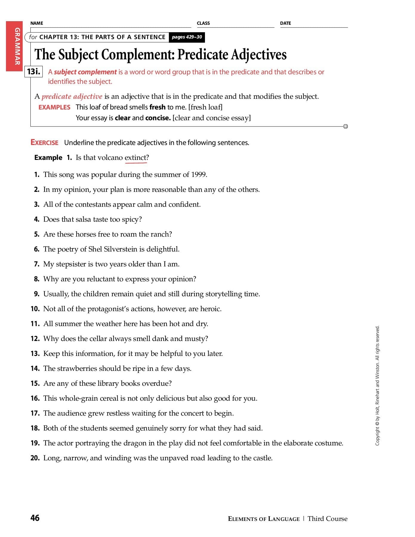 Subject Complement Worksheet With Answers Db excel