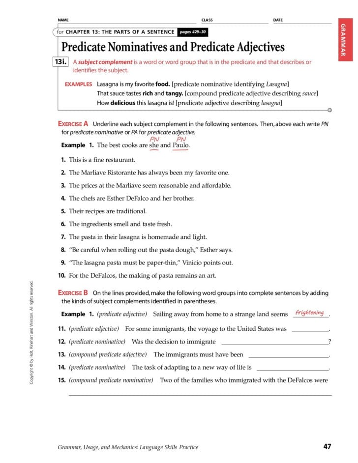 Subject Complement Worksheet With Answers — db-excel.com