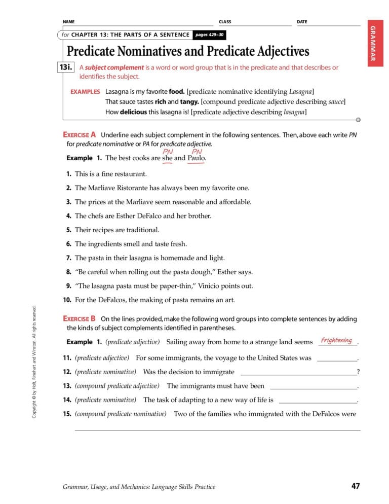 Subject Complement Worksheet With Answers — Db-excel.com