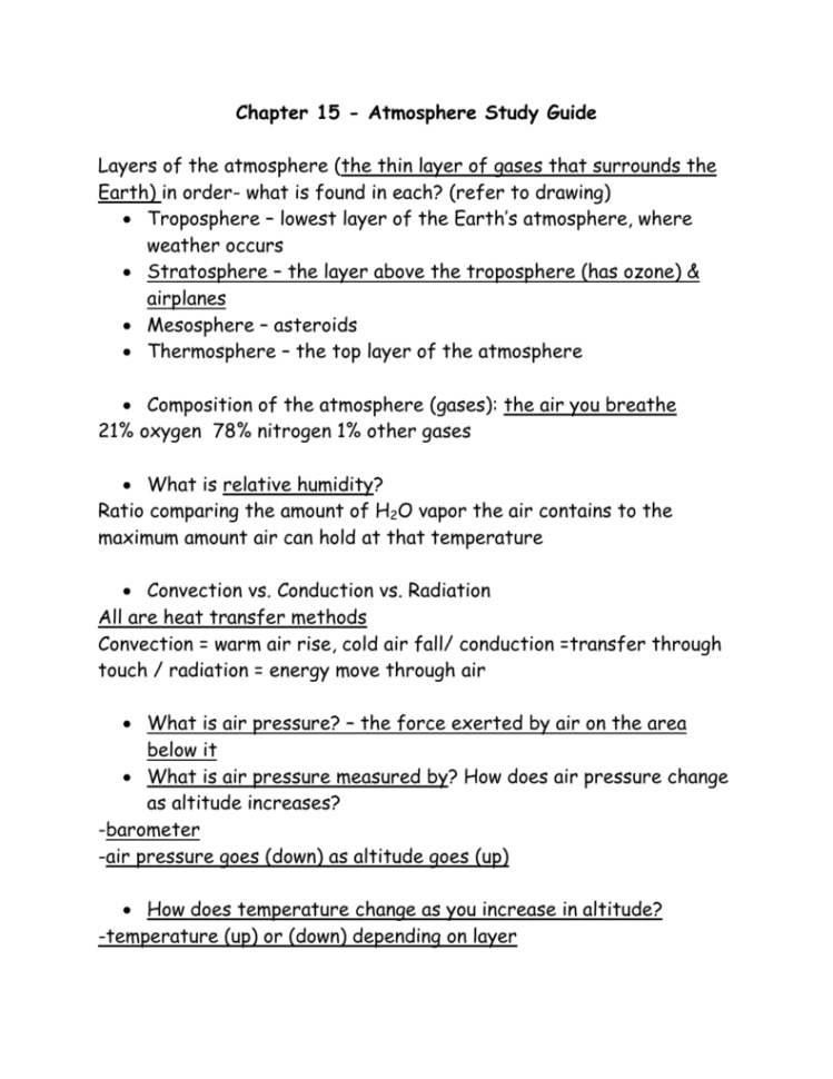 Chapter 15  Atmosphere Study Guide