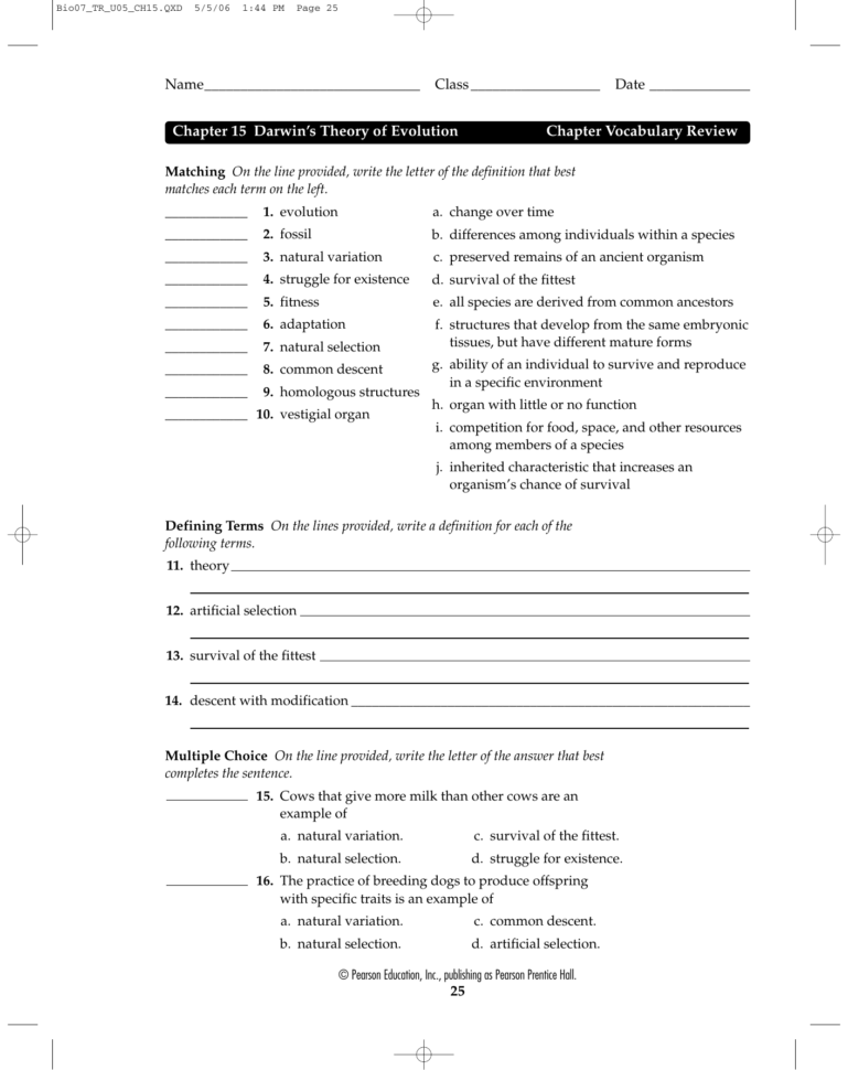 Chapter 15 Darwins Theory Of Evolution Chapter Vocabulary Chapter 15 Darwins Theory Of Evolution Chapter Vocabulary