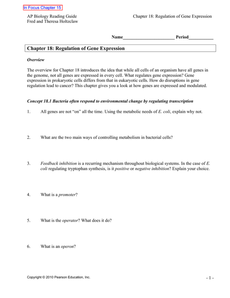Chapter 18 Regulation Of Gene Expression