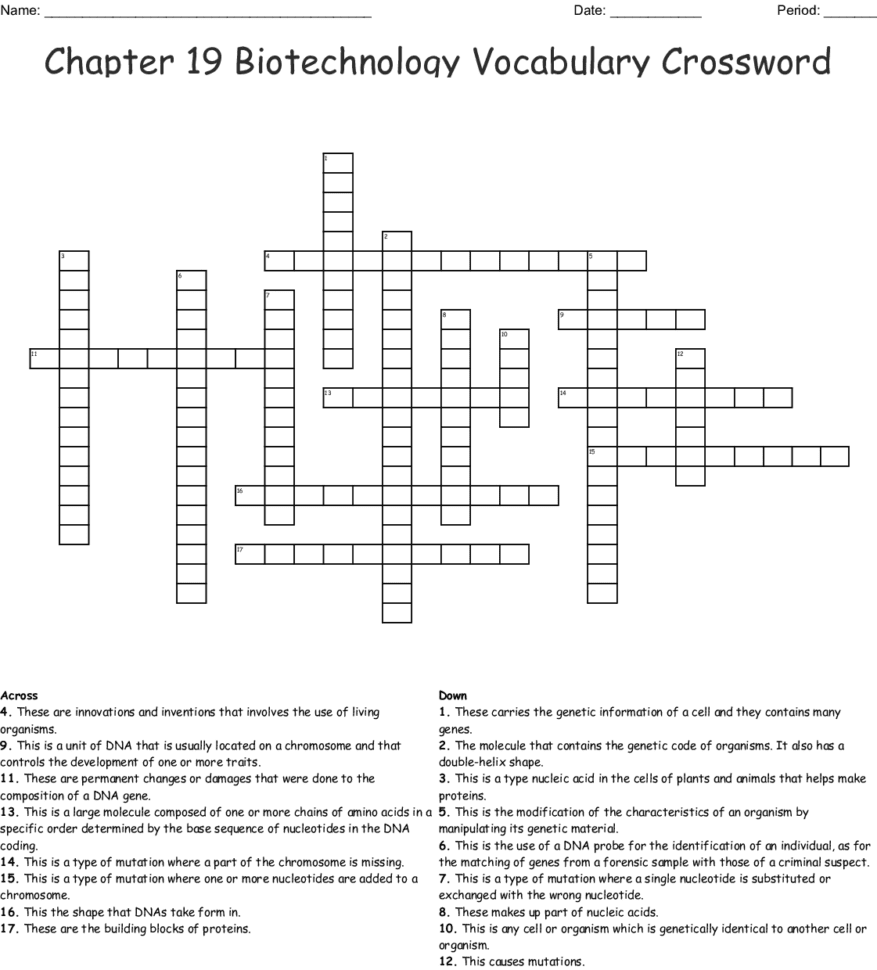 Chapter 19 Biotechnology Vocabulary Crossword  Word