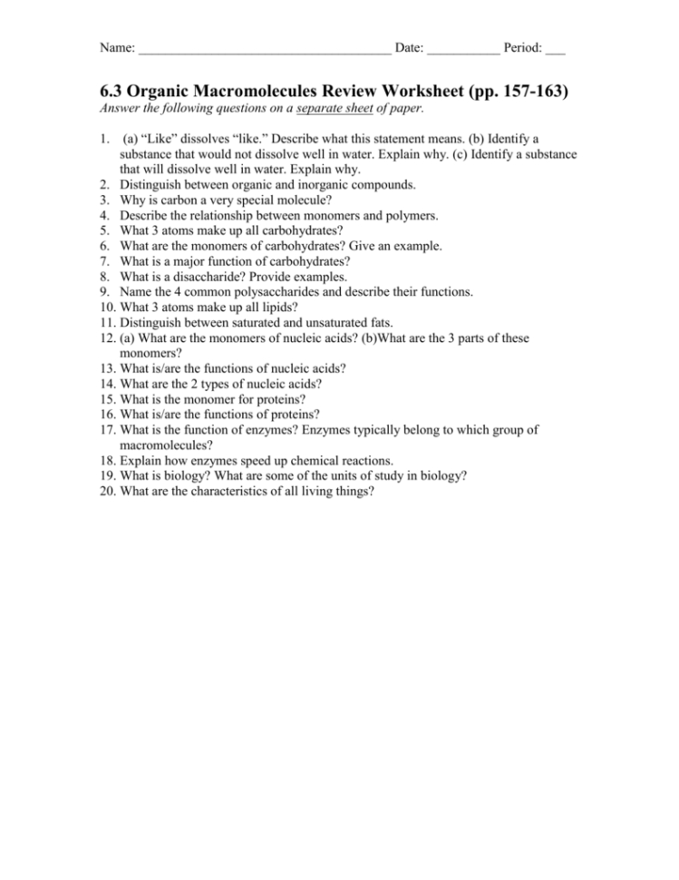 Chapter 2—Chemistry Of Life Review Worksheet