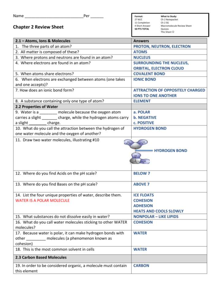 2 2 Properties Of Water Worksheet Answers