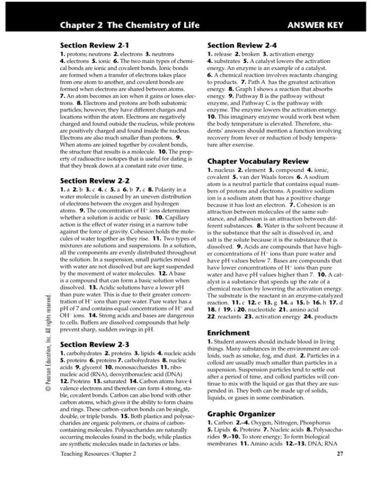 Chapter 2 The Chemistry Of Life Answer Key