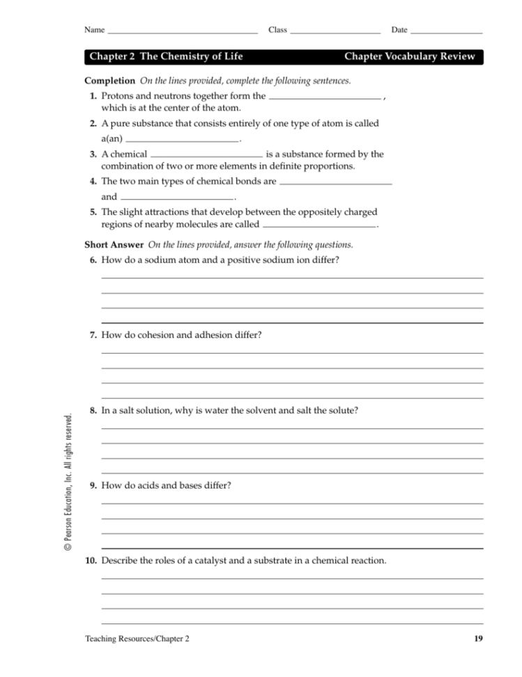 Chapter 2 The Chemistry Of Life Chapter Vocabulary Review
