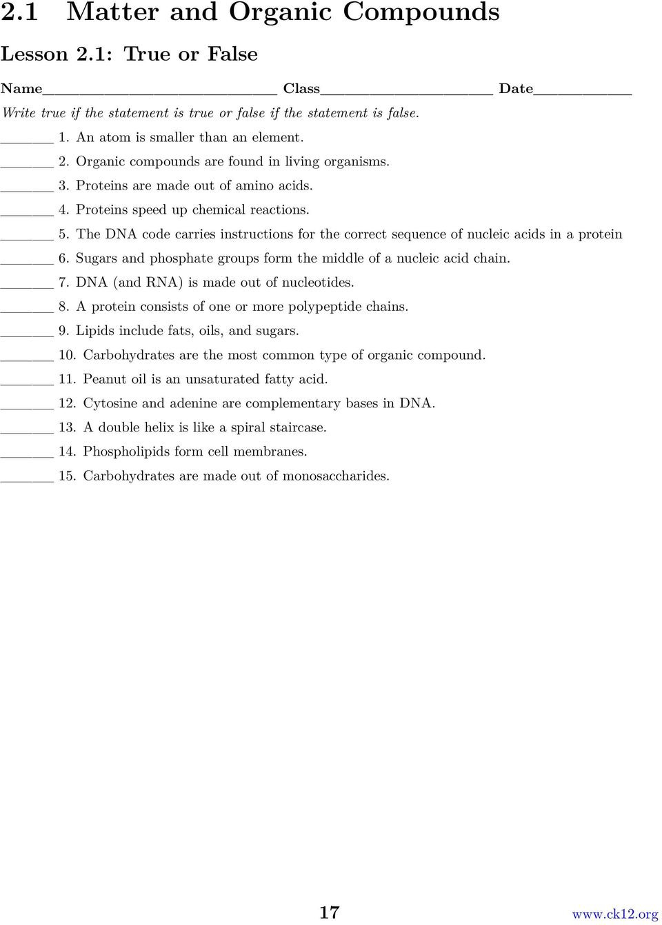 Chapter 2 The Chemistry Of Life Worksheets  Pdf
