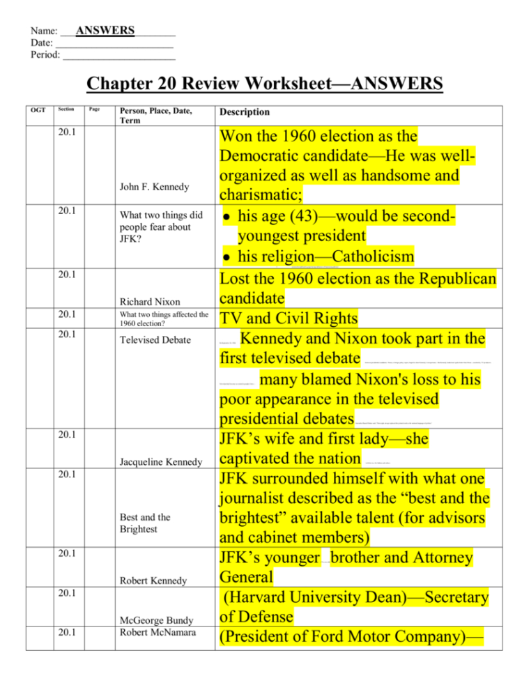 Chapter 20 Review Worksheet—Answers