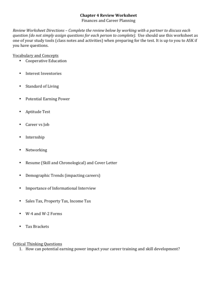 Chapter 4 Review Worksheet Finances And Career Planning