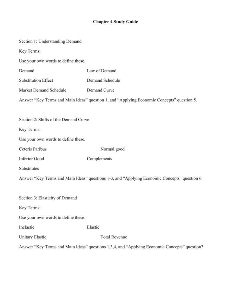Chapter 4 Study Guide Section 1 Understanding Demand Key