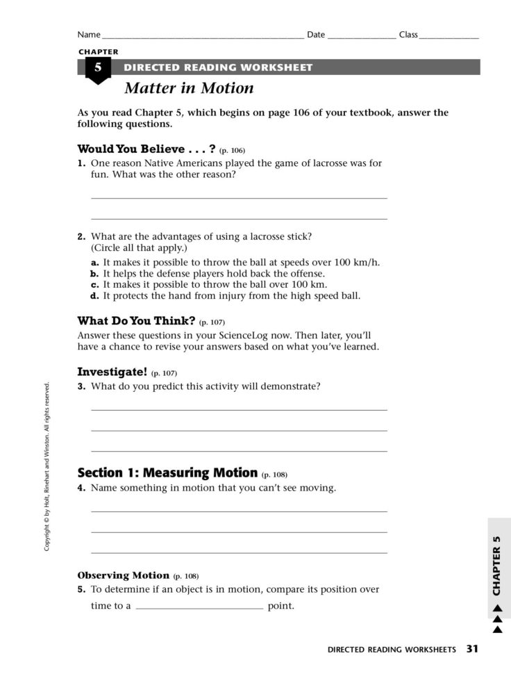 Chapter 5 Directed Reading Worksheet Matter In Motion Pages