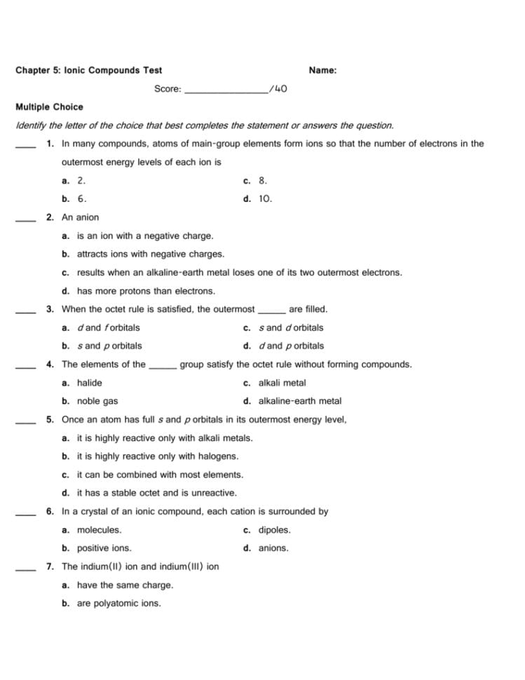 Chapter 5 Ionic Compounds Test Name  40 Multiple Choice