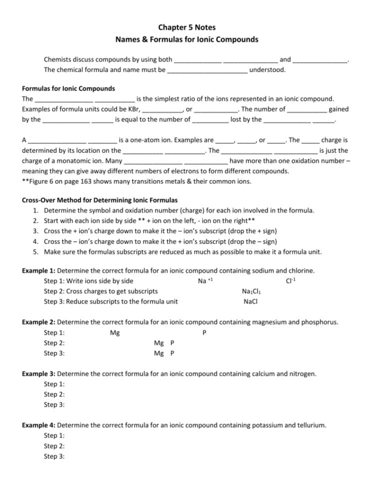Chapter 5 Notes Names  Formulas For Ionic Compounds