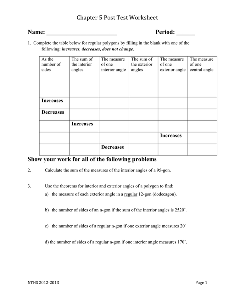 Chapter 5 Post Test Worksheet