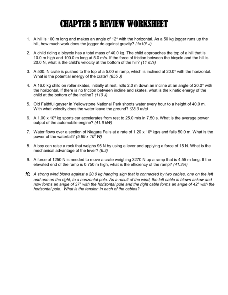 Chapter 5 Review Worksheet