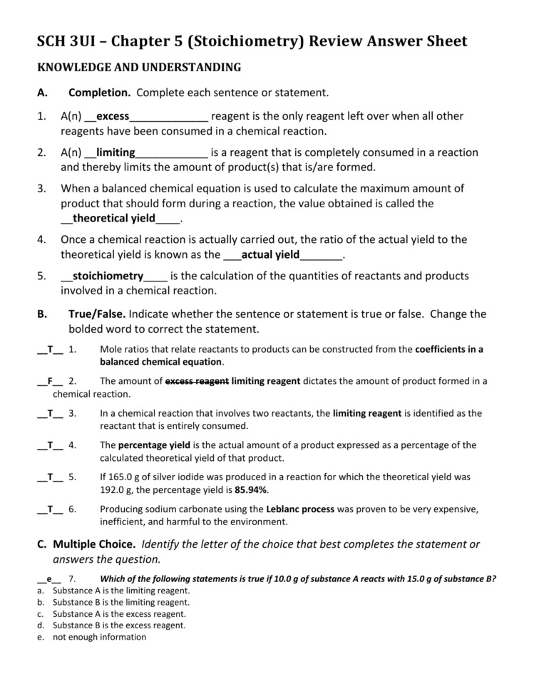 Chapter 5 Stoichiometry Review Answers