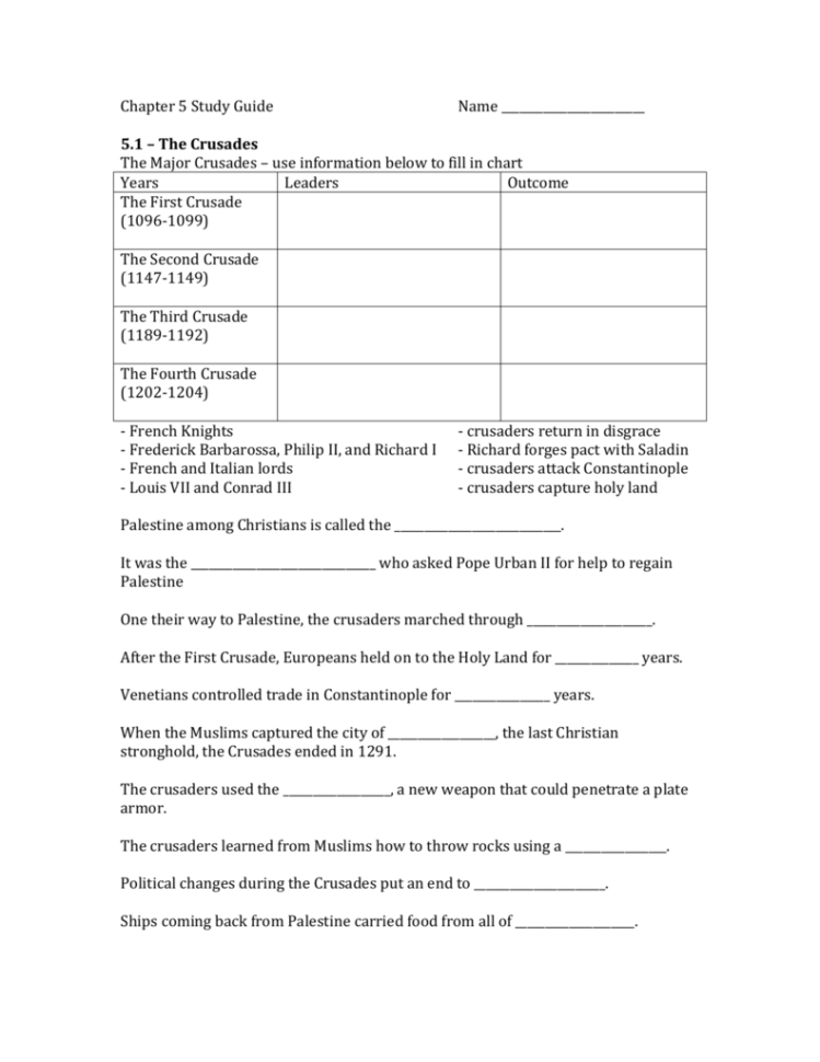 Chapter 5 Study Guide Name 51 – The Crusades The Major