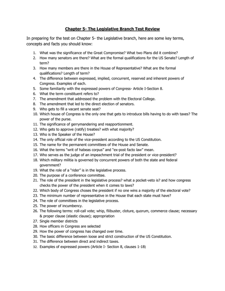 Chapter 5 The Legislative Branch Test Review In Preparing