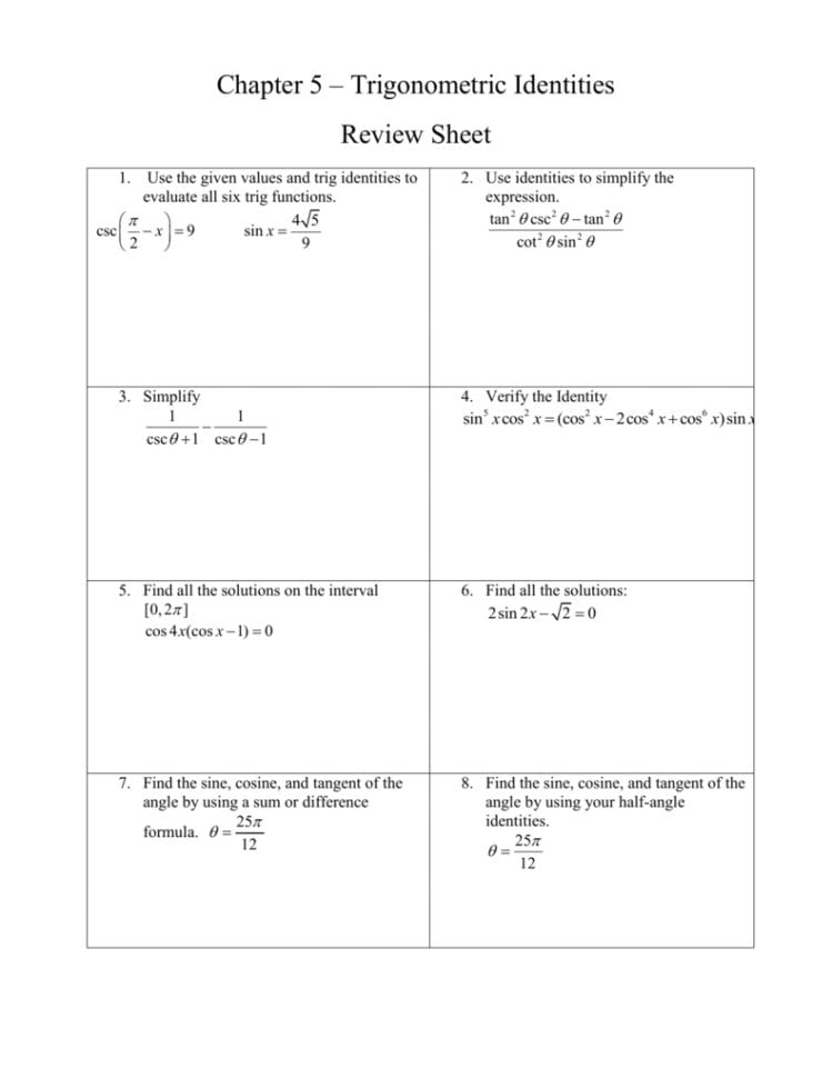 Chapter 5 – Trigonometric Identities Review Sheet