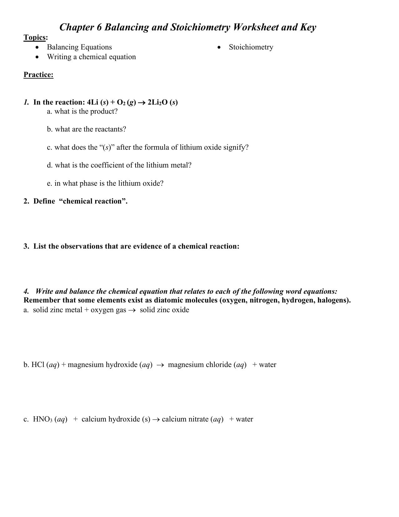Chapter 6 Balancing Stoich Worksheet And Key