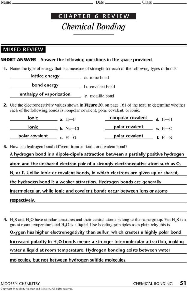 Chapter 6 Review Chemical Bonding Answer The Following