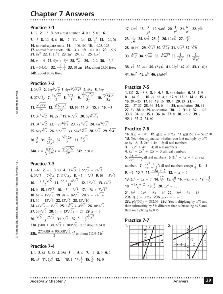 Algebra 2 Chapter 7 Review Worksheet Answers