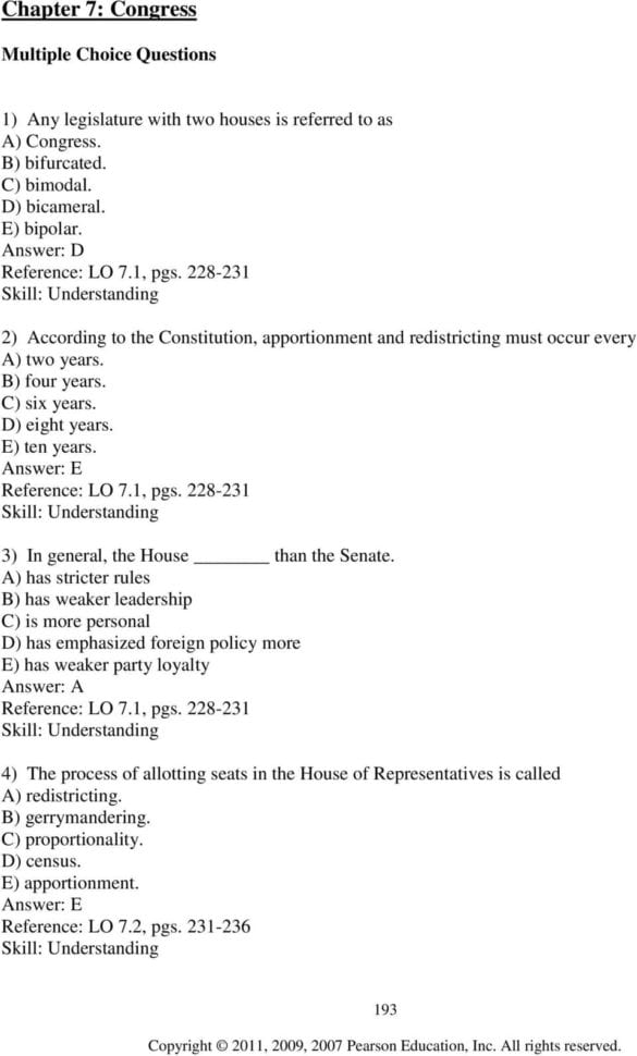 Chapter 7 Congress Multiple Choice Questions  Pdf