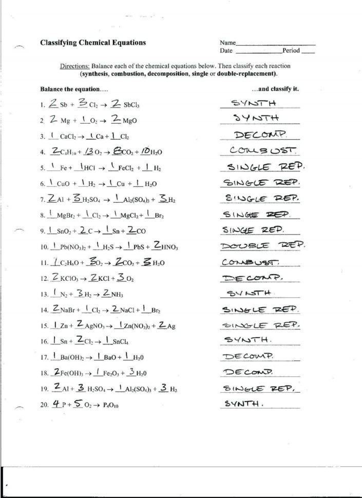 Chapter 7 Worksheet 1 Balancing Chemical Equations