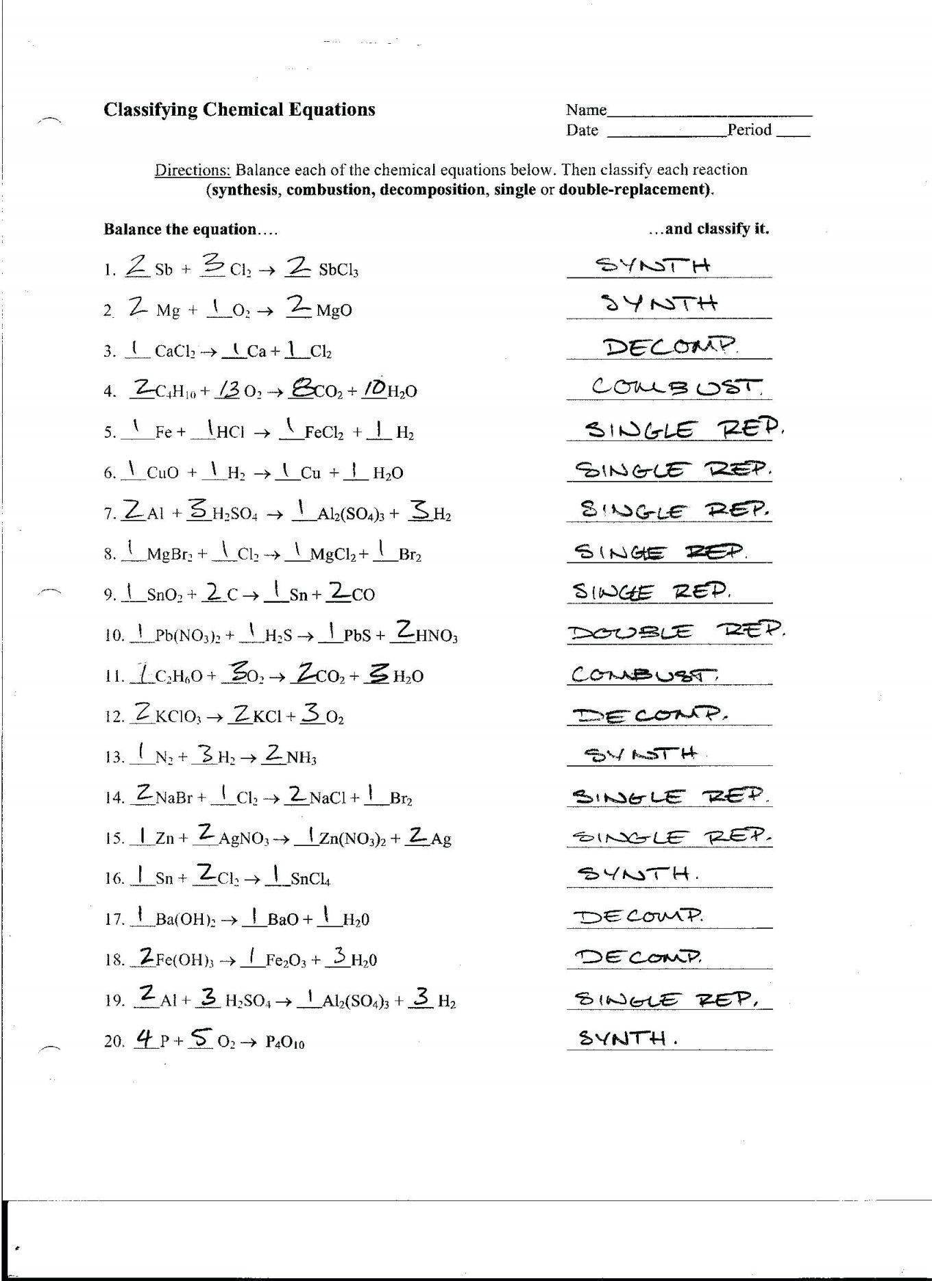 Balancing Chemical Equations Worksheet Answers
