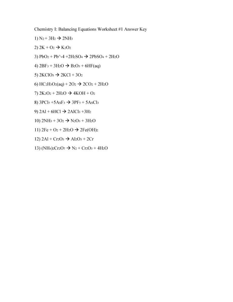 Chapter 7 Worksheet 1 Balancing Chemical Equations 49