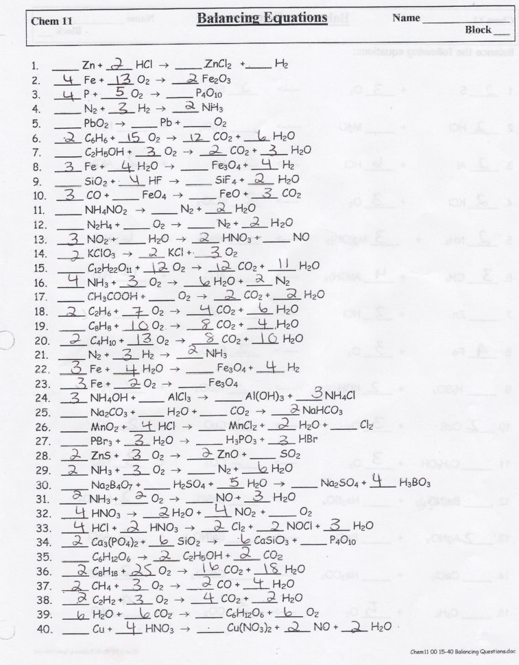 Chapter 7 Worksheet 1 Balancing Chemical Equations Algebra 1
