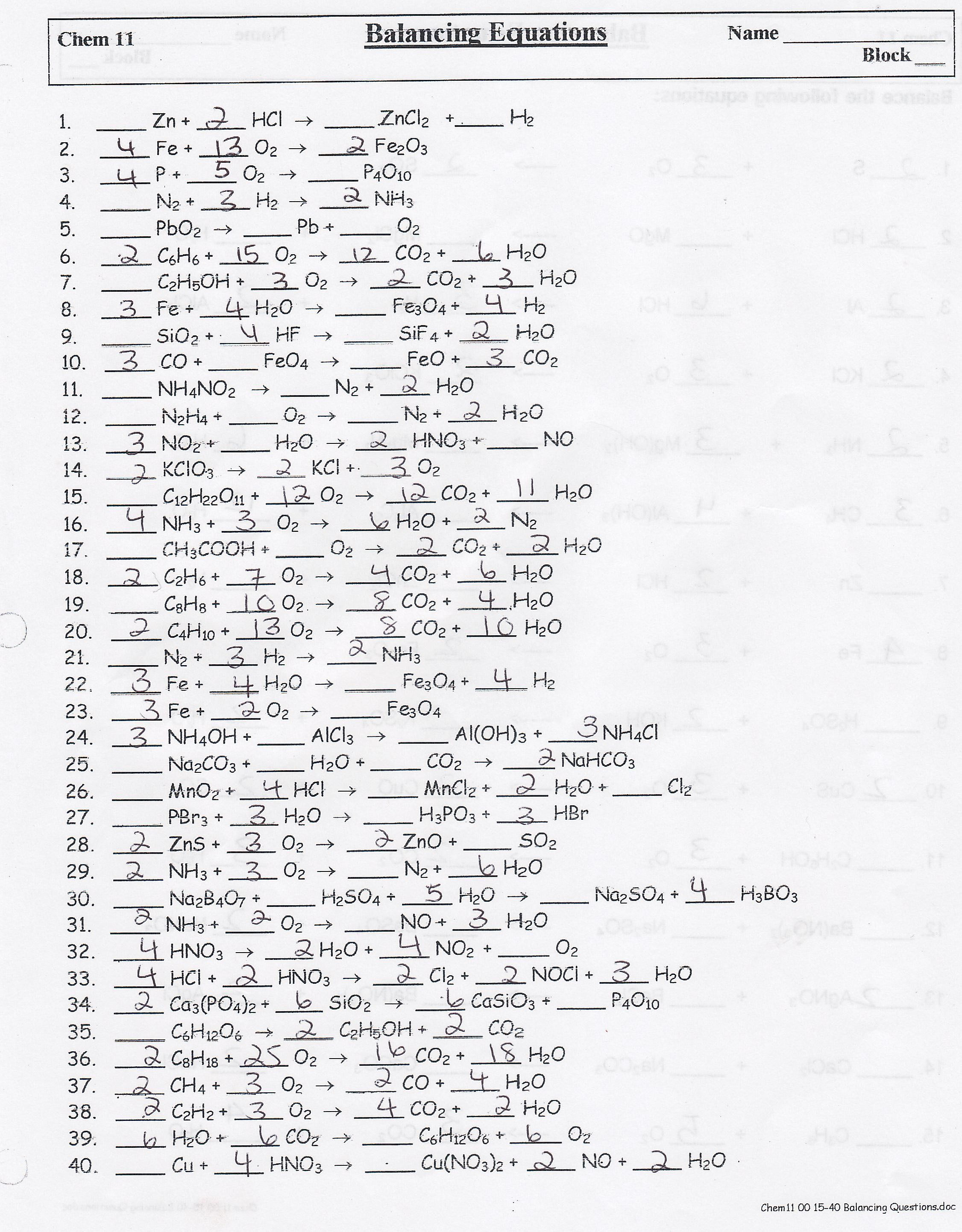 Chapter 7 Worksheet 1 Balancing Chemical Equations Db excel