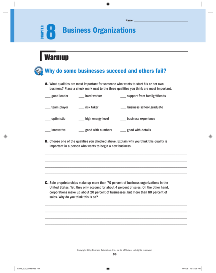 Chapter 8 Section 1 Sole Proprietorships Worksheet Answers