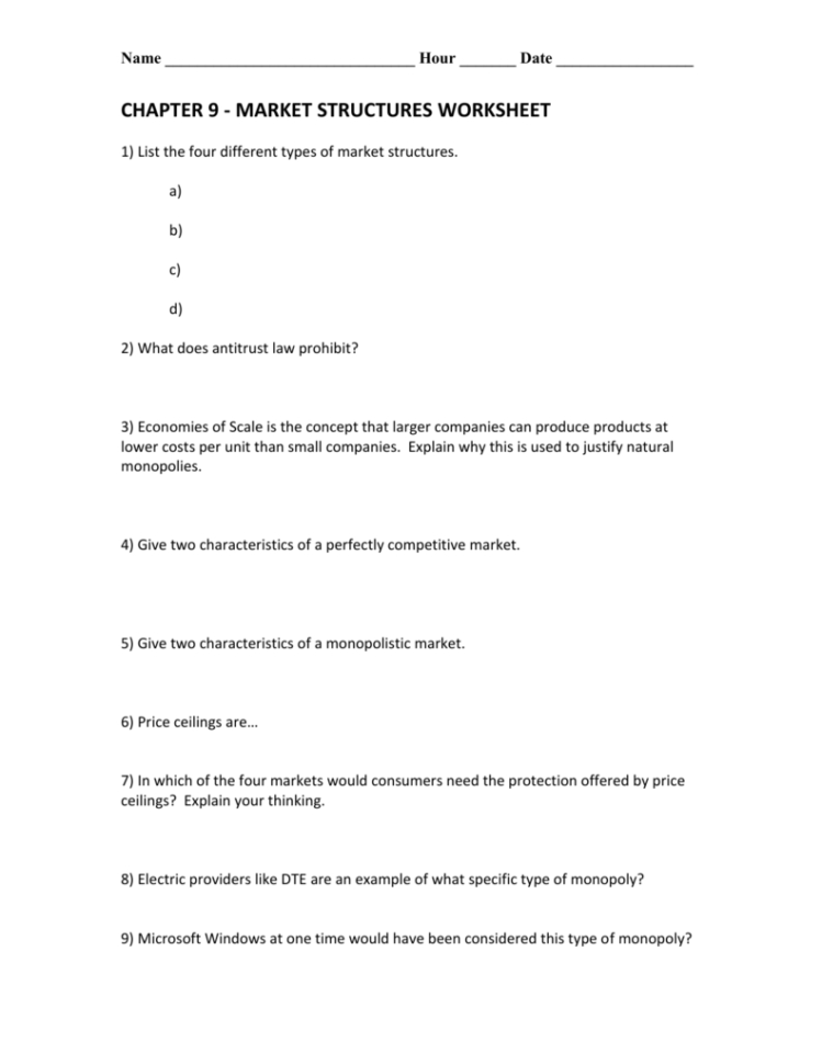 Chapter 9  Market Structures Worksheet