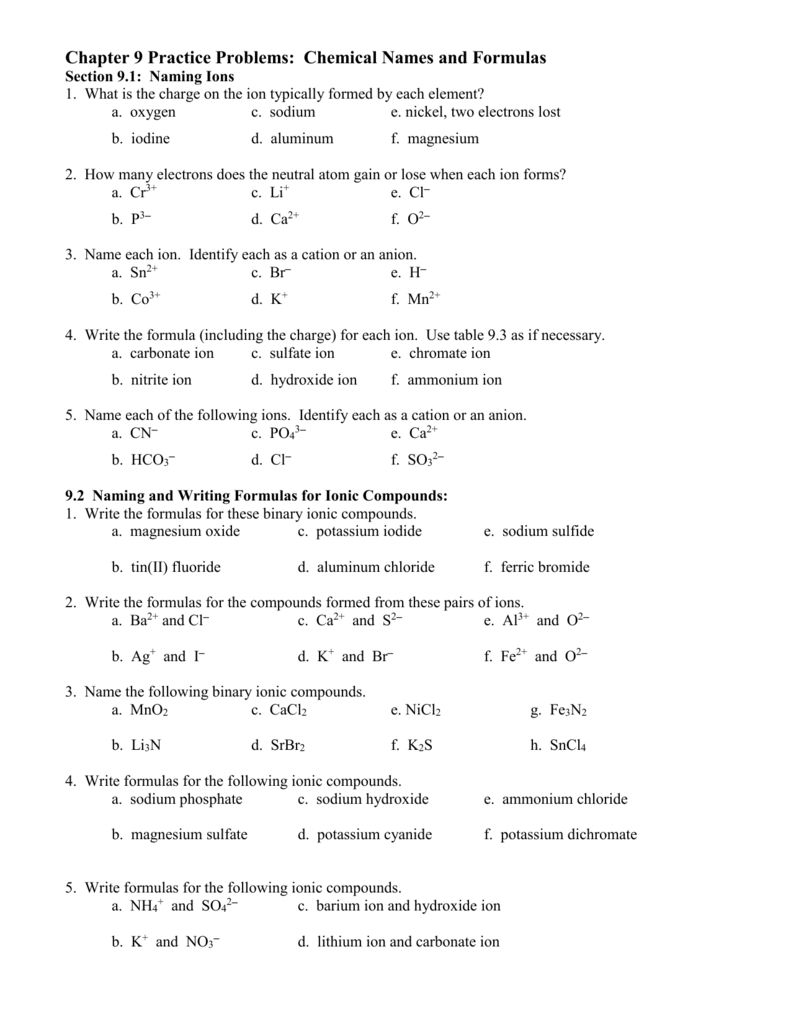 Chapter 9 Practice Problems Chemical Names And Formulas