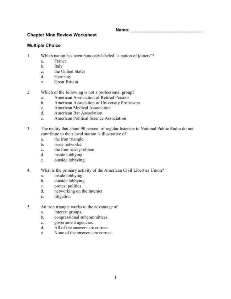 Chapter 9 Review Worksheet