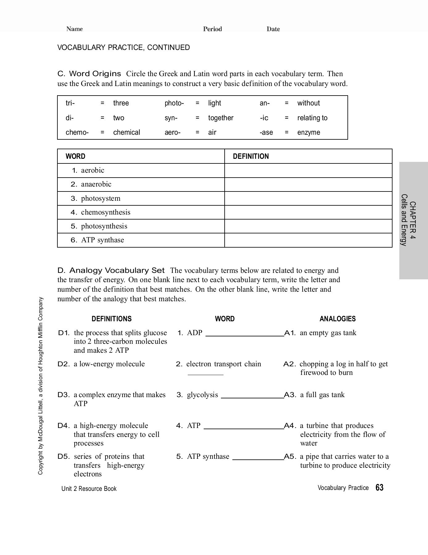 Chapter Cells And Energy 4 Vocabulary Practice Pages 1  3