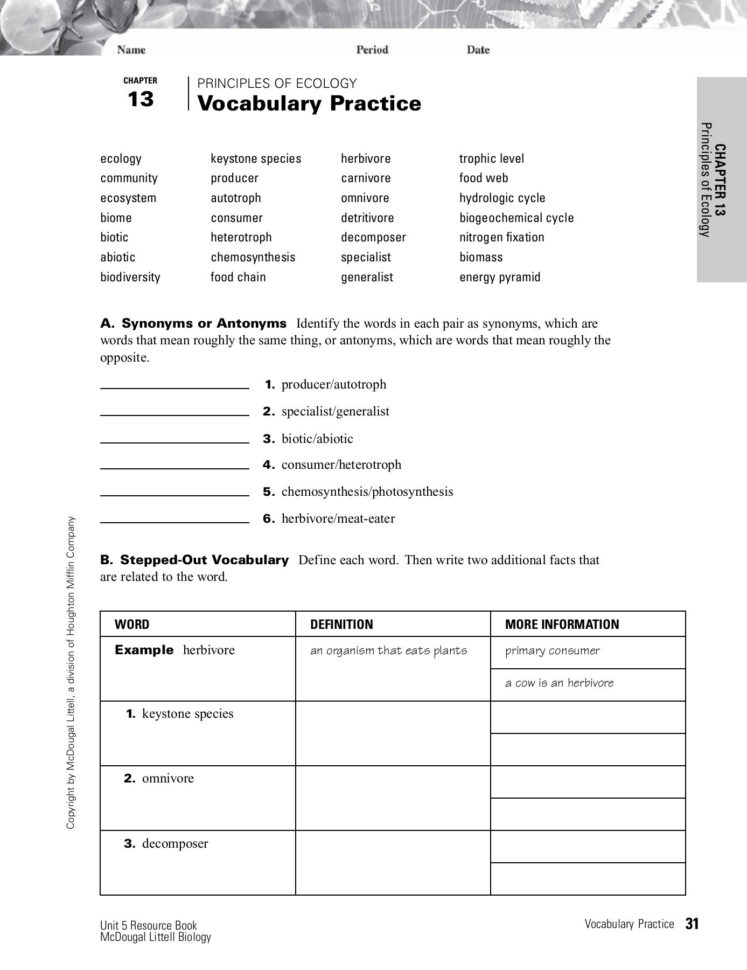 Chapter Principles Of Ecology 13 Vocabulary Practice Pages 1