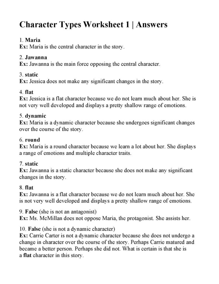Character Types Worksheet 1  Answers