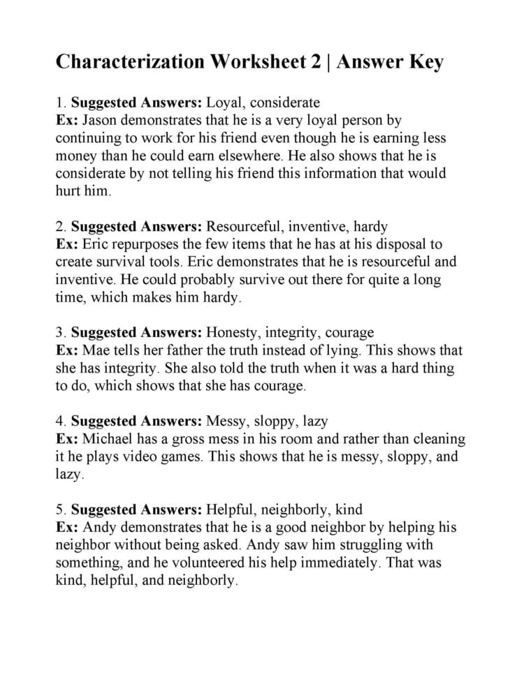 Characterization Worksheet 2  Answers