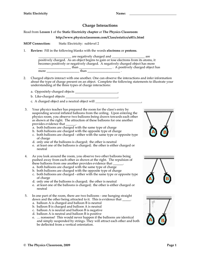 Physics Classroom Static Electricity Worksheet Answers — db-excel.com