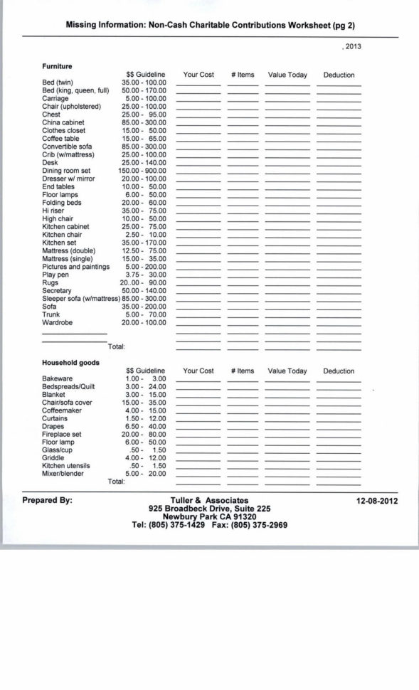 Charitable Donation Worksheet   Universal Network